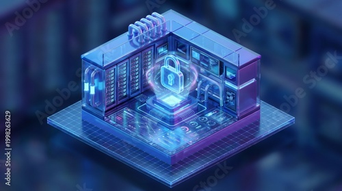 Futuristic Blue Glowing padlock Floating in Impossibly Large Data Center