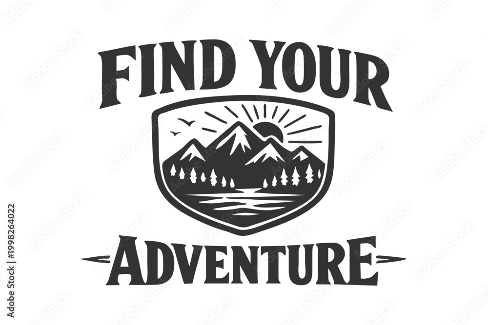 Obraz premium Retro style badge promoting adventure with mountains, trees and sun graphic. Perfect for outdoor brands