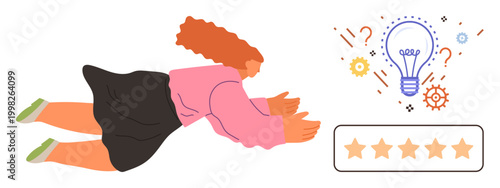 Innovation, creativity, problem-solving, feedback, product development, success evaluation. A woman reaches towards a lightbulb surrounded by question marks and gears. Innovation and creativity