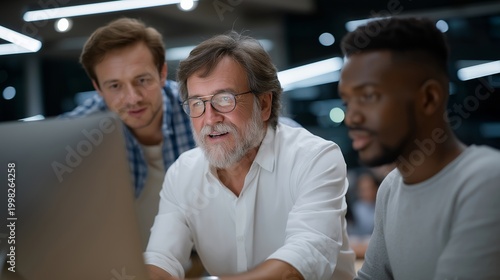 Veteran coding instructor leans over a younger student's monitor in a bright tech workspace, both focused on the screen, candid and collaborative, perfect for military to civilian transition, tech