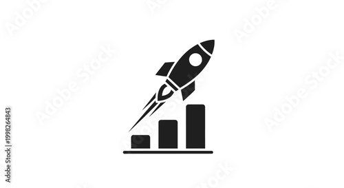 Black icon of a rocket launching over a bar graph.
