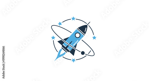 A blue rocket ship in space.