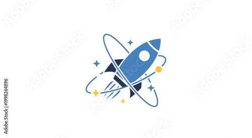 A blue rocket ship soaring through space.