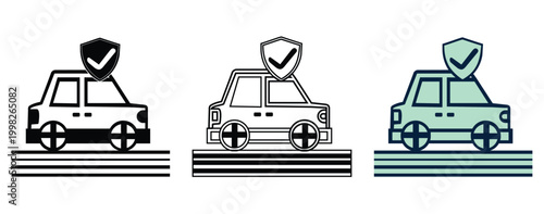 Car insurance and vehicle safety icons set featuring a car with protection shield and checkmark in silhouette, outline, and flat color styles.
