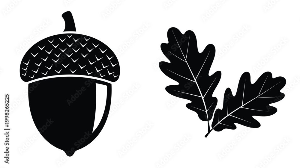Obraz premium Black and white illustration of an acorn and oak leaf silhouette
