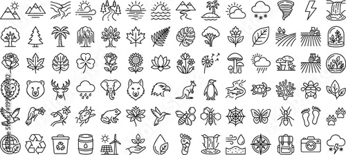 Comprehensive environment and nature line art icon set featuring wildlife, plants, ecology, and landscape symbols in modern editable thin line style.