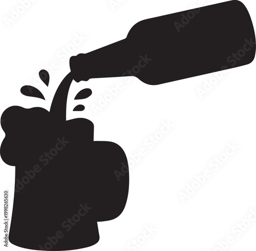 Beer bottle pouring drink into glass mug with foam splash silhouette isolated on white background, beverage refreshment, cad drawing flat vector illustration for design.