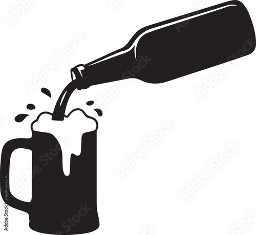 Beer bottle pouring liquid into glass mug with foam splash isolated on white background, beverage refreshment silhouette, cad drawing flat vector illustration for design.