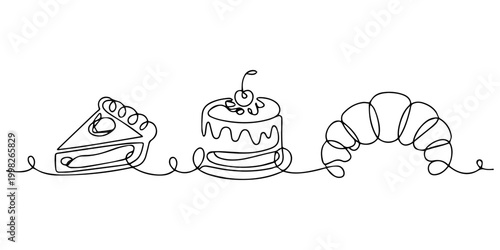 continuous one line drawing, Bakery desserts cake, croissant, cupcake linear style silhouette drawing on white background, Vector desserts set. French croissant, piece of cake, Outline design, print.
