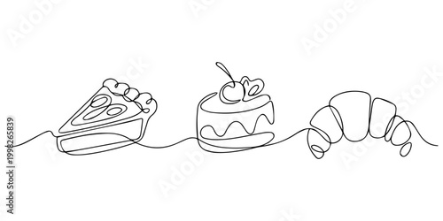 continuous one line drawing, Bakery desserts cake, croissant, cupcake linear style silhouette drawing on white background, Vector desserts set. French croissant, piece of cake, Outline design, print.