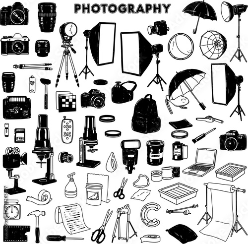Hand-drawn vintage photography equipment and studio supplies illustration set on white. Sketch collection of darkroom tools, cameras, lenses, lighting, and accessories.