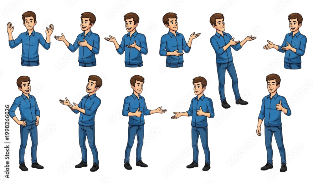 Fototapeta premium Cartoon young man in blue shirt and jeans half turn view with expressive gestures and pose variations in playful vector style on white background
