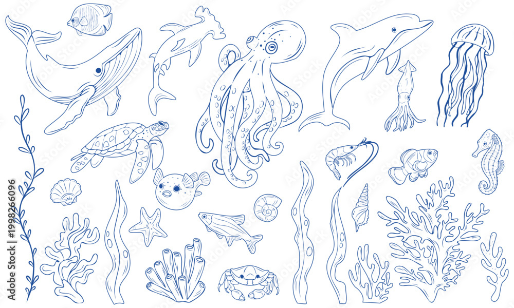 Obraz premium Marine animals blue line art vector collection
