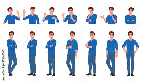Young handsome man vector set in blue shirt and jeans with half turn view and different gestures poses in modern flat style isolated on white background