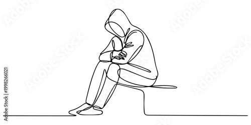 thoughtful calm sad man sitting on the floor, Continuous line drawing sad man alone concept, Continuous one line drawing of sad man, suffering from depression in mental health. problems. one line Icon