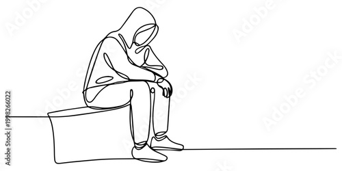 thoughtful calm sad man sitting on the floor, Continuous line drawing sad man alone concept, Continuous one line drawing of sad man, suffering from depression in mental health. problems. one line Icon