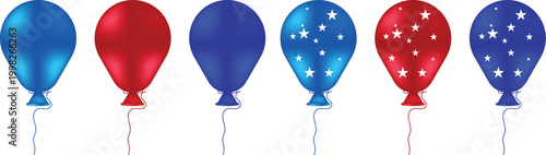 USA 4th of July Balloons Set with Red Blue Star Pattern, Patriotic Independence Day Celebration Isolated on White Background