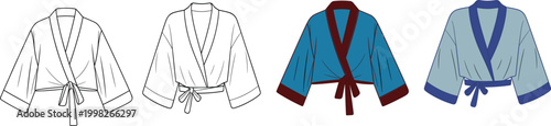Kimono style wrap top set, tie waist cropped jacket design, front views, casual loungewear fashion apparel outline – vector illustration