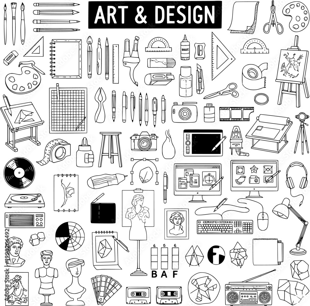Fototapeta premium Creative Art Design Tools Objects Collection: Hand-Drawn Icons for Illustration, Photography, Fashion, and Music Projects