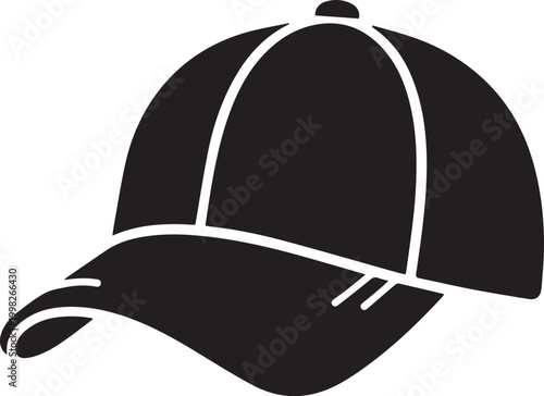Black baseball cap icon isolated on white background, athletic headwear accessory, classic sports hat silhouette, cad drawing flat vector illustration for apparel design.