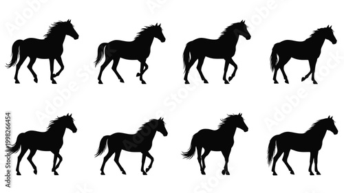 A collection of black horse silhouettes in various dynamic poses