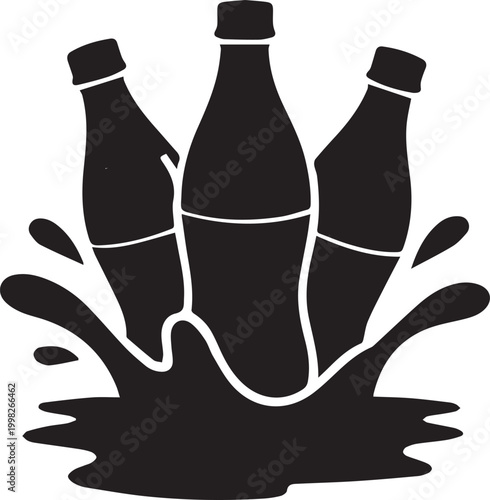 Black soda glass bottles with liquid splash icon isolated on white background, beverage drink refreshment silhouette, cad drawing flat vector illustration for graphic design.