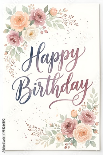 Happy Birthday Greeting Card with Watercolor Floral Borders - Elegant Calligraphy Lettering on Textured Paper - Hand Painted Pastel Roses and Botanical Illustration for Celebration Stationery