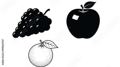 Black fruit illustrations featuring grapes an apple and a pear silhouette