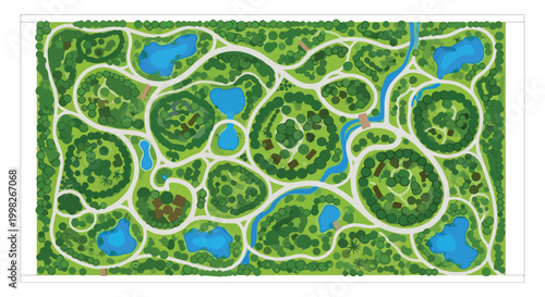 Aerial view park map vector, green city garden landscape with winding paths and blue ponds, urban recreation area plan with trees and river