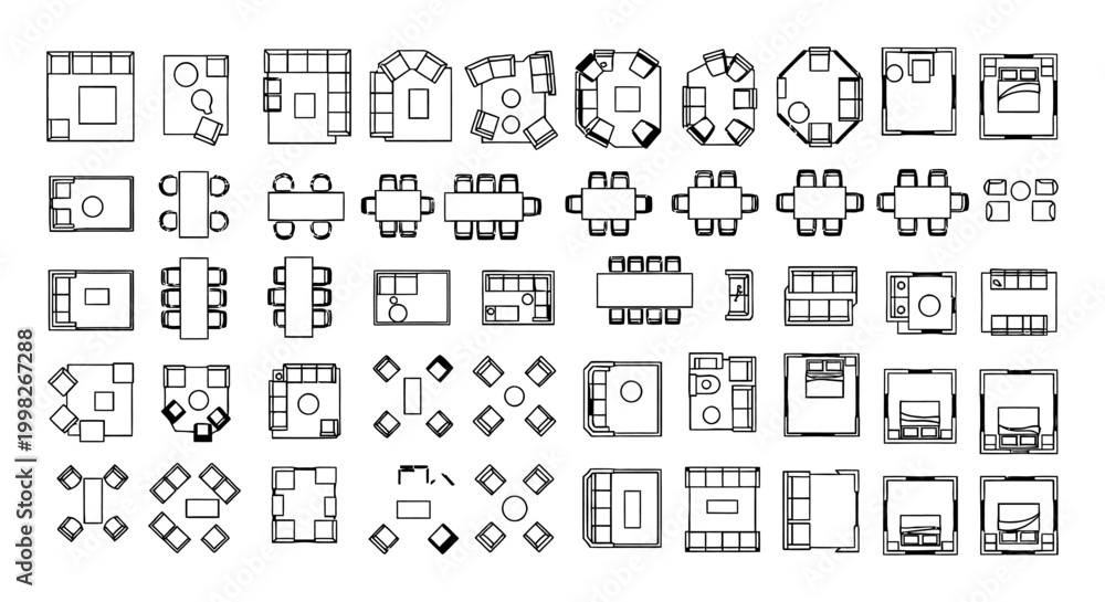 Obraz premium top down view of architectural furniture and interior design elements floor plan symbols