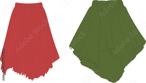 Flowy midi skirt set, elastic waist design, asymmetrical hem style, casual women fashion apparel outline template – vector illustration