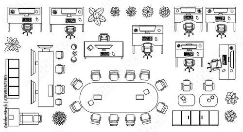 top down view of an office meeting room with modern furniture and decor