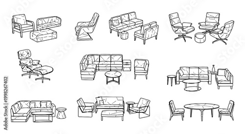 various modern furniture arrangements and styles in outline drawings