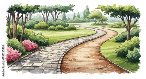 Watercolor garden path vector, winding stone walkway in lush park landscape, scenic backyard garden with green trees and pink flowers