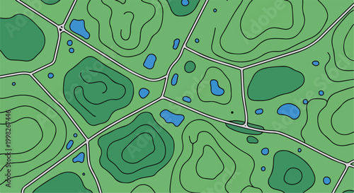 Topographic map background with green hills and blue lakes, aerial view of abstract landscape vector, nature terrain map with contour lines