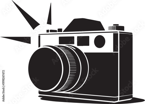 Classic rangefinder film camera silhouette with shutter light flare, vintage photography equipment icon, cad drawing flat vector illustration on white isolated background.