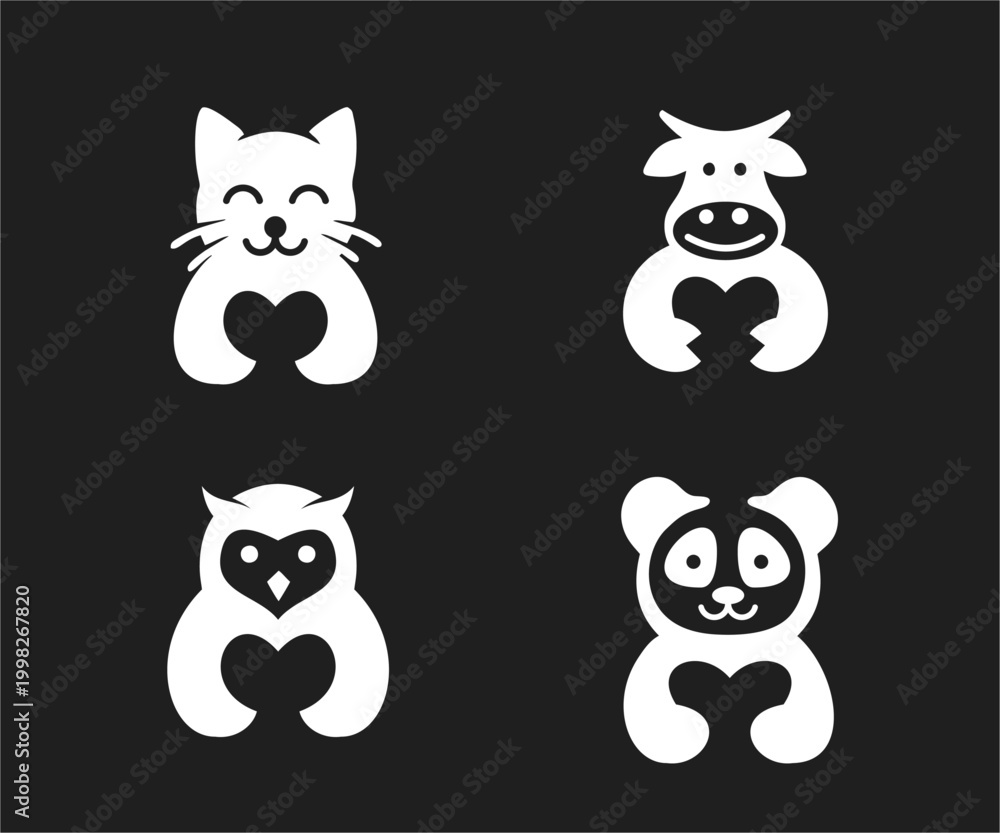 Obraz premium Cute minimalist animal logos featuring heart shapes: cat, cow, owl, and panda vector icons on a black background, representing love and care.