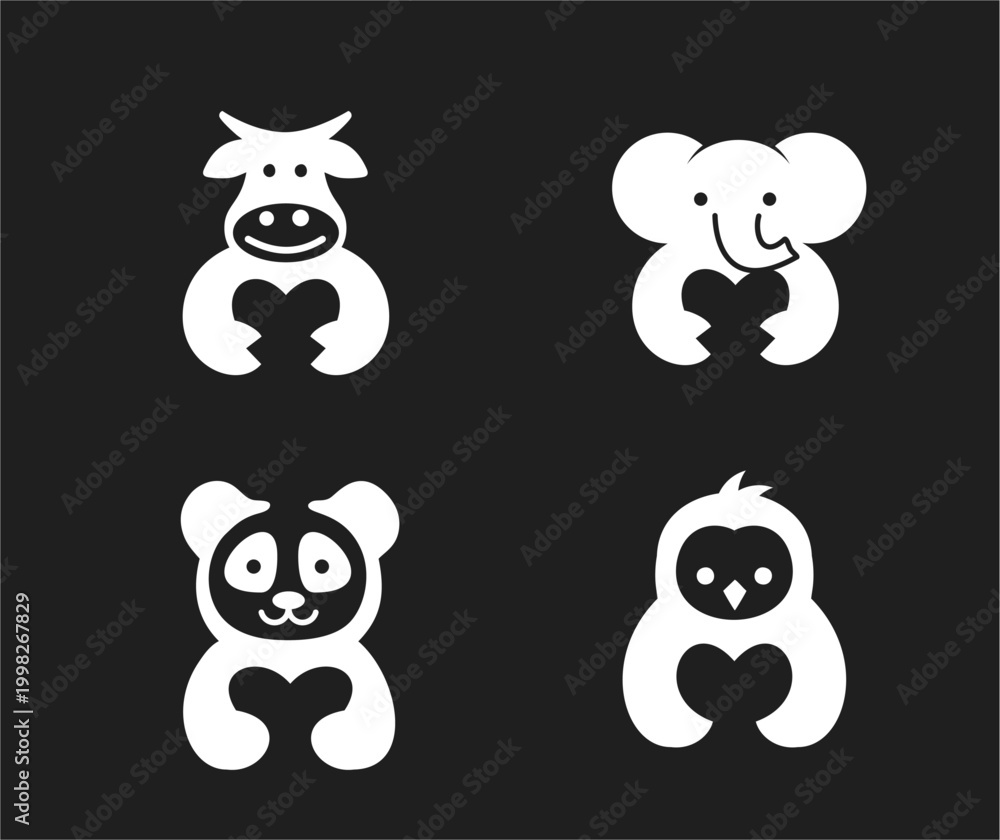 Obraz premium Minimalist animal icons set with heart shapes: cow, elephant, panda, and penguin illustrations on black background.