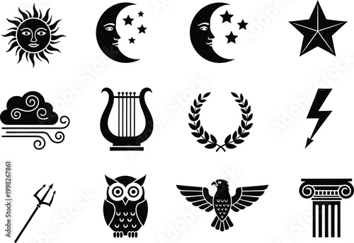Collection of ancient greek mythology symbols and celestial icons in black and white