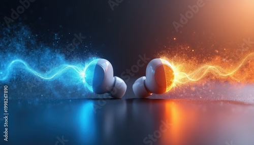 Two wireless earbuds emit contrasting blue and orange energy waves. Digital sound collision abstract art shows futuristic tech and audio connection. Vibrant particles flow with music.