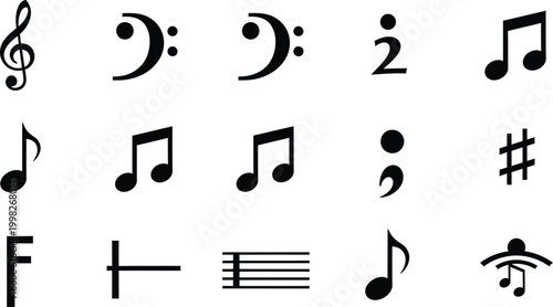 Collection of various black musical symbols including clefs and notes on a white background