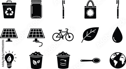 Collection of black and white eco-friendly icons representing sustainability and zero waste living