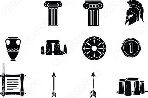 Collection of black and white icons representing ancient history and archaeological artifacts