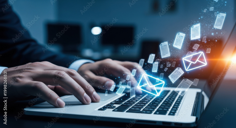 Fototapeta premium Businessman using laptop with digital invoice icons, representing e-invoicing, billing automation, financial technology, online payment, accounting software, ERP system, and paperless finance process.