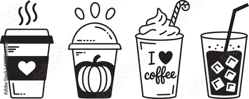 Assorted coffee cups and cold beverages collection featuring hot mugs pumpkin spice and iced drinks.