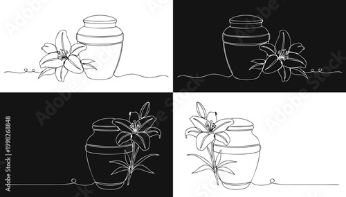 Ash urn with one lily flower set, minimalist continuous line drawing style, for light and dark designs, isolated on removable contrasting background