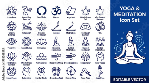 Mega Pack Icon Set Vector Yoga and meditation line, mindfulness practice and spiritual wellness illustrations