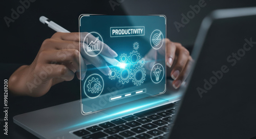 Everyday user interacting with an AI productivity dashboard on a laptop, showing workflow automation, performance optimization, task management, data-driven efficiency accessible to everyone