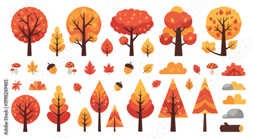 Autumn forest vector elements, flat fall trees and leaves collection, orange and red foliage set for seasonal landscape design isolated PNG with Transparent Background
