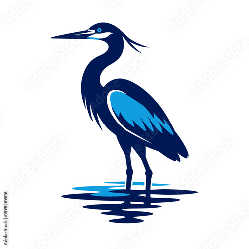 A minimalist graphic of a majestic heron standing in water
